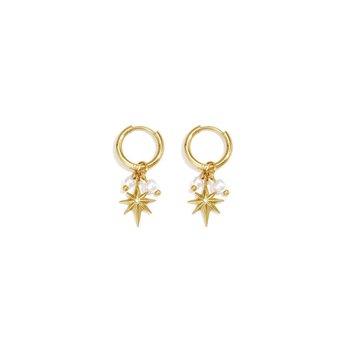 Star & Pearl Hoops Gold Earrings