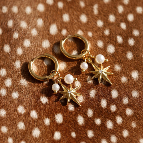 Star & Pearl Hoops Gold Earrings